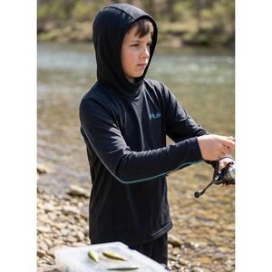 Huk Fishing Boys Hoodie Performance Shirt Black Blue Sun Shirt Youth Large YL